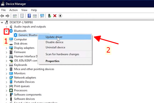 Bước 2 Cập nhật driver bluetooth thông qua Device Manager