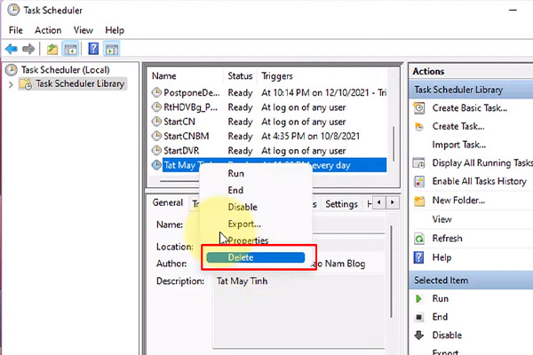 Bước 2 hủy hẹn giờ tắt máy tính trên Task Scheduler