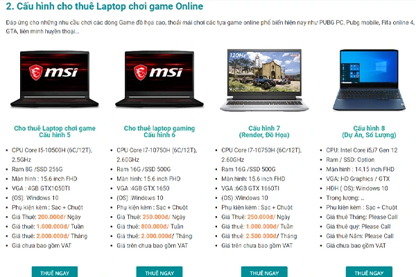 Cấu hình bảng giá cho thuê laptop 